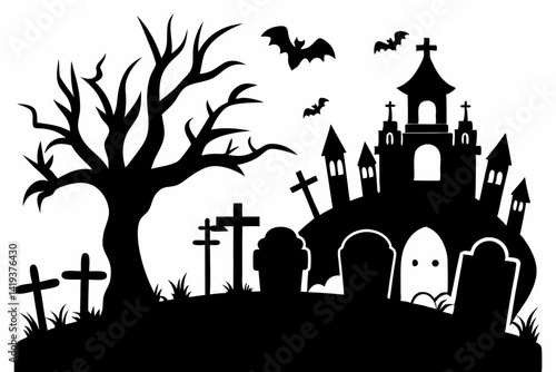 graveyard silhouette line art vector illustration