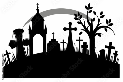 graveyard silhouette line art vector illustration