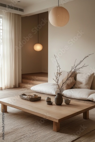 Japani Interior, interior design of living room with sofa and cushion visible and pendant lighting. Generative AI
