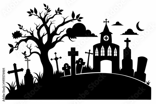 graveyard silhouette line art vector illustration