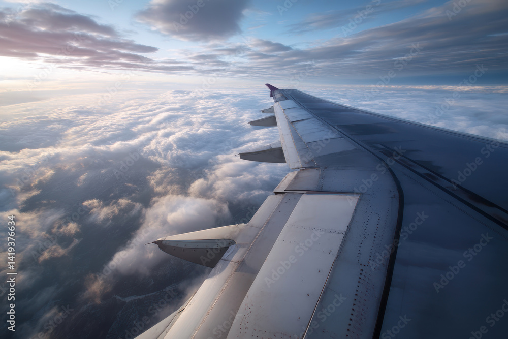 Flying high above clouds, breathtaking view of wing inspires sense of wonder, evoking serenity of flight and beauty of sky Flying high above clouds, breathtaking view of wing inspires sense of wonder, evoking serenity of flight and beauty of sky