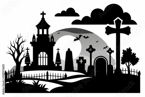 graveyard silhouette line art vector illustration