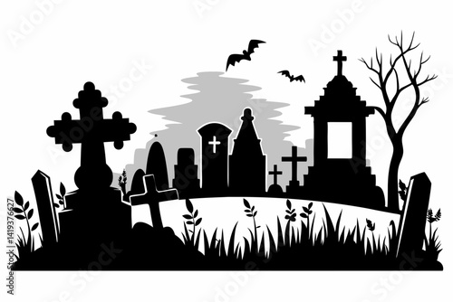 graveyard silhouette line art vector illustration