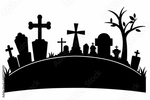 graveyard silhouette line art vector illustration