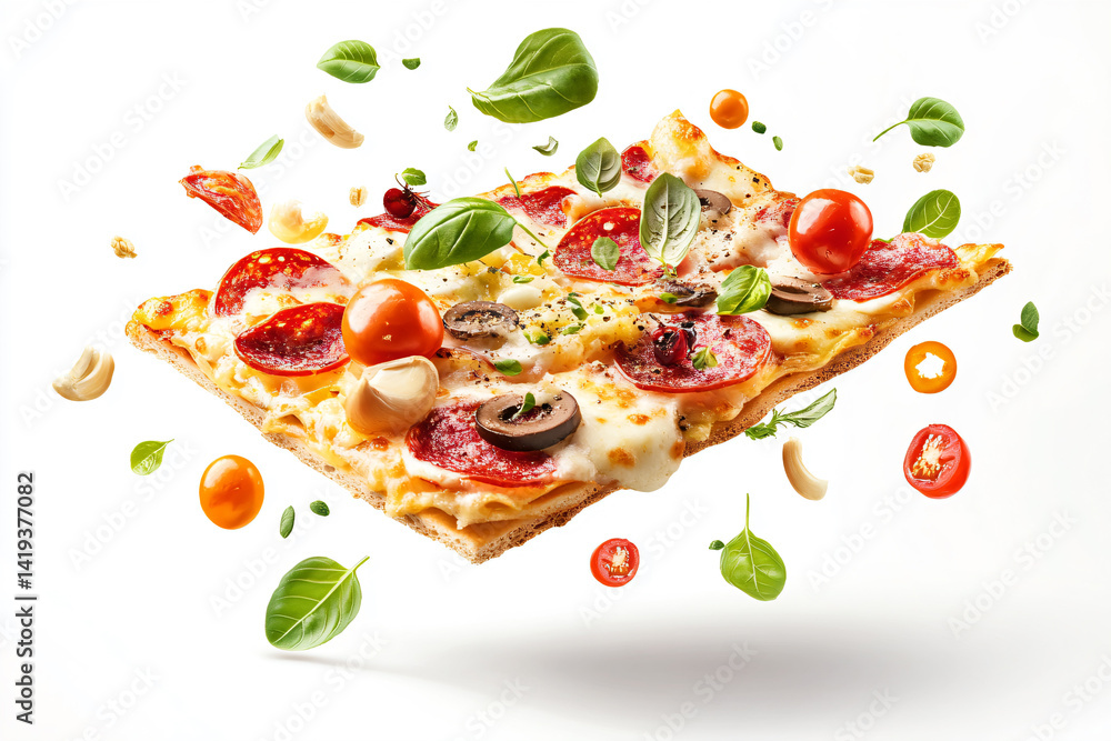 a slice of pizza with various toppings flying in the air a slice of pizza with various toppings flying in the air