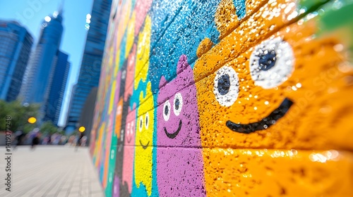 Colorful mural of cartoon creatures on city wall