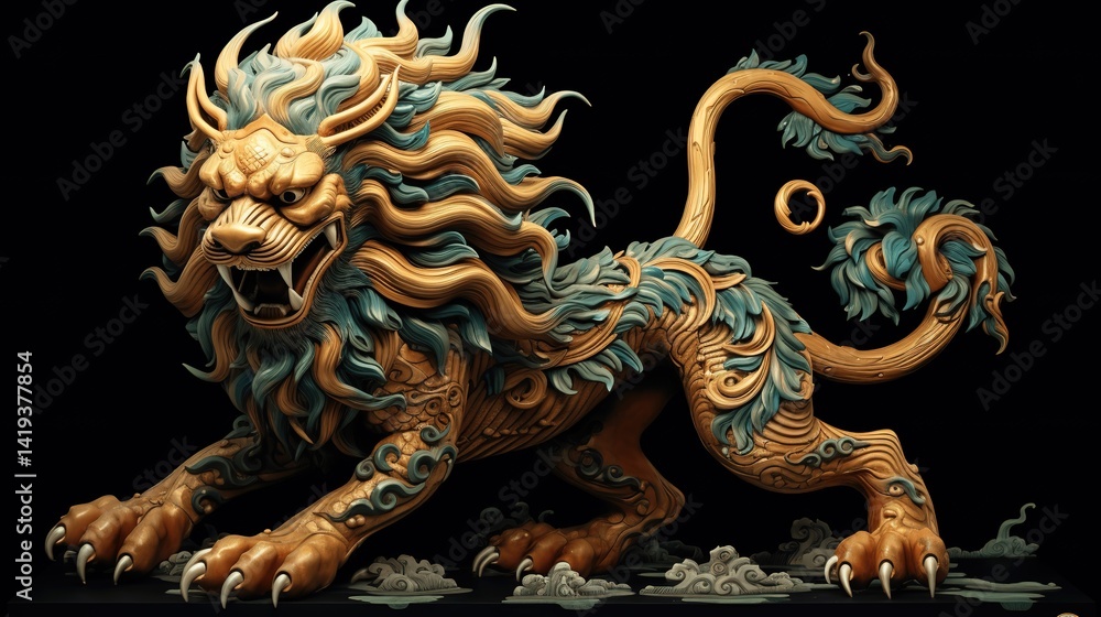 Obraz premium Majestic Forest Guardian Lion Sculpture with Intricate Details
