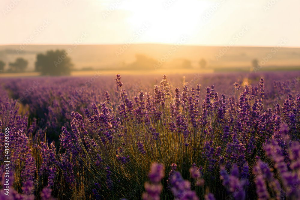 Naklejka premium field of purple lavender stretches towards horizon, bathed in soft glow of setting sun, creating feeling of peace and tranquility
