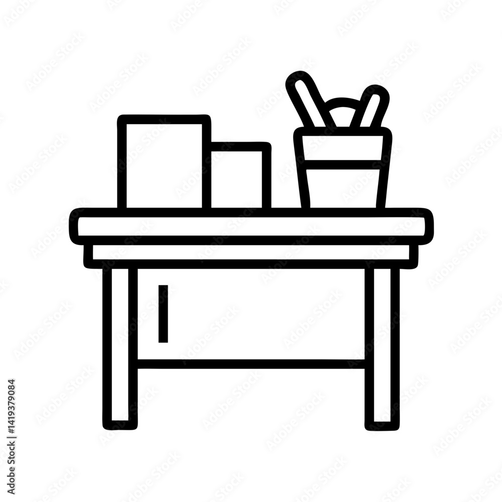 Find office desk furniture with storage and accessories vector illustration outline drawing style Find office desk furniture with storage and accessories vector illustration outline drawing style