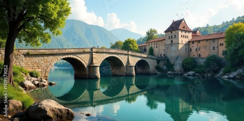 Ancient stone bridge spanning serene water, reflecting historical architecture, journey, reflection, tourism
