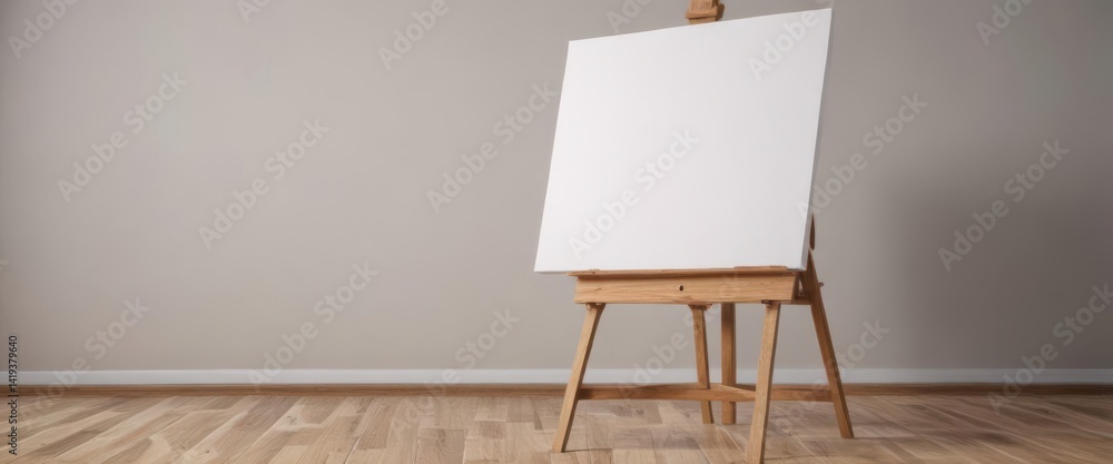 Wooden easel legs & base supporting a large blank canvas , photography, studio, stable Wooden easel legs & base supporting a large blank canvas , photography, studio, stable