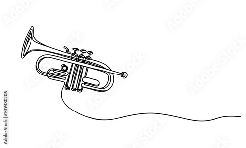 Elegant Trumpet Line Art Illustration, a detailed line art representation of a trumpet, emphasizing its valves and tubing. A single continuous line extends from the trumpet, adding