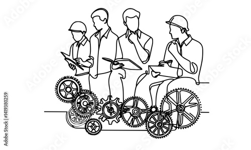 Team of Engineers Collaborating on Gear Mechanisms, a group of engineers working together on mechanical gears, highlighting teamwork and technical expertise. The continuous line art style gives a clea
