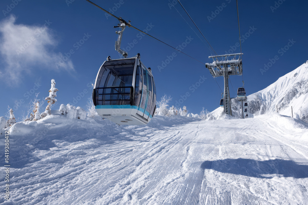 Obraz premium An empty gondola gracefully ascends snowy mountain at ski resort, carrying hopeful skiers and snowboarders towards thrilling adventures