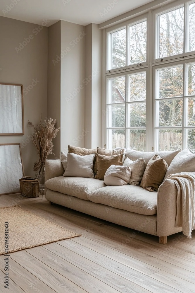 Fototapeta premium A modern Scandinavian interior design of a living room with sofa and interior accessories visible and windows. Generative AI 