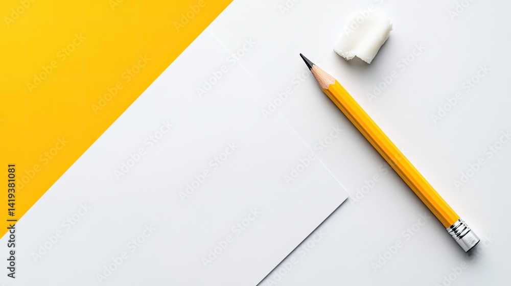 Creative yellow pencil with eraser on white background artscale composition minimalist style Creative yellow pencil with eraser on white background artscale composition minimalist style