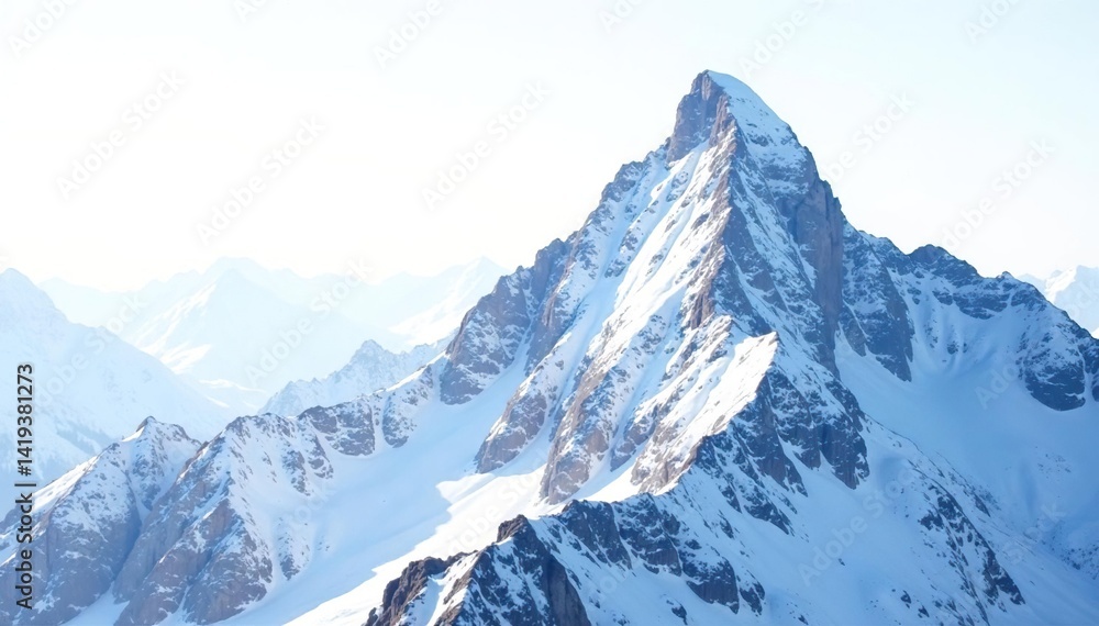Fototapeta premium Snow-covered mountain peak against bright white sky, texture, landscape, clean