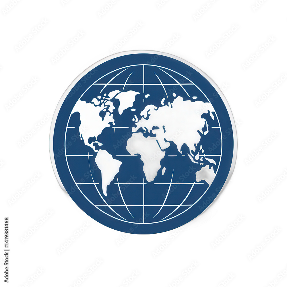 A stylized globe icon featuring a blue background with white continents, symbolizing global connectivity and geography in a modern design , isolated on white or transparent png A stylized globe icon featuring a blue background with white continents, symbolizing global connectivity and geography in a modern design , isolated on white or transparent png