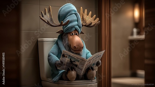 Moose Figurine in Bathroom Reading Newspaper