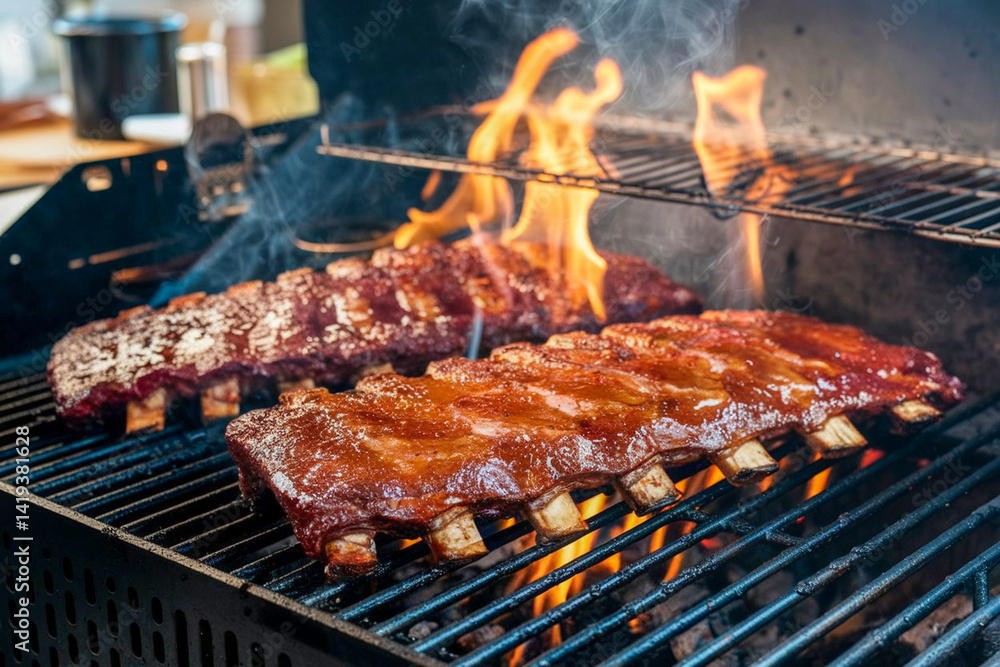 Delicious barbecue ribs on grill Delicious barbecue ribs on grill