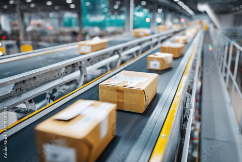High speed conveyor belt moving packages in sorting center with hope of prompt delivery, bringing smiles to customers