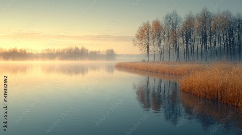 Misty Sunrise Riverbank Reflection Misty Sunrise Riverbank Reflection