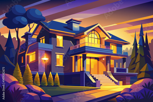 vector of Exterior view of luxurious and magnificent house with bed in modern house style with warm yellow lights near trees at night