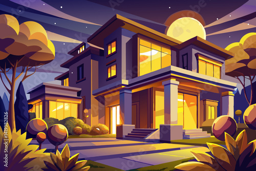 vector of Exterior view of luxurious and magnificent house with bed in modern house style with warm yellow lights near trees at night