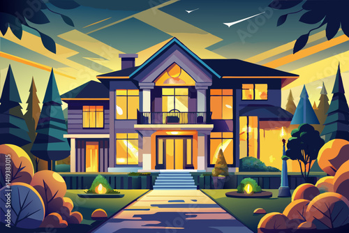 vector of Exterior view of luxurious and magnificent house with bed in modern house style with warm yellow lights near trees at night