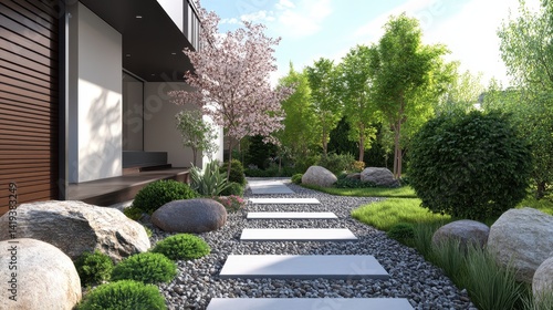 Modern house exterior featuring a landscaped garden with stepping stones