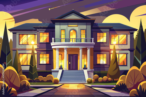 vector of Exterior view of luxurious and magnificent house with bed in modern house style with warm yellow lights near trees at night