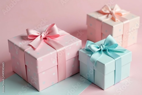 Subtle pastel colored gift boxes with dotted patterns, anniversary, birthday