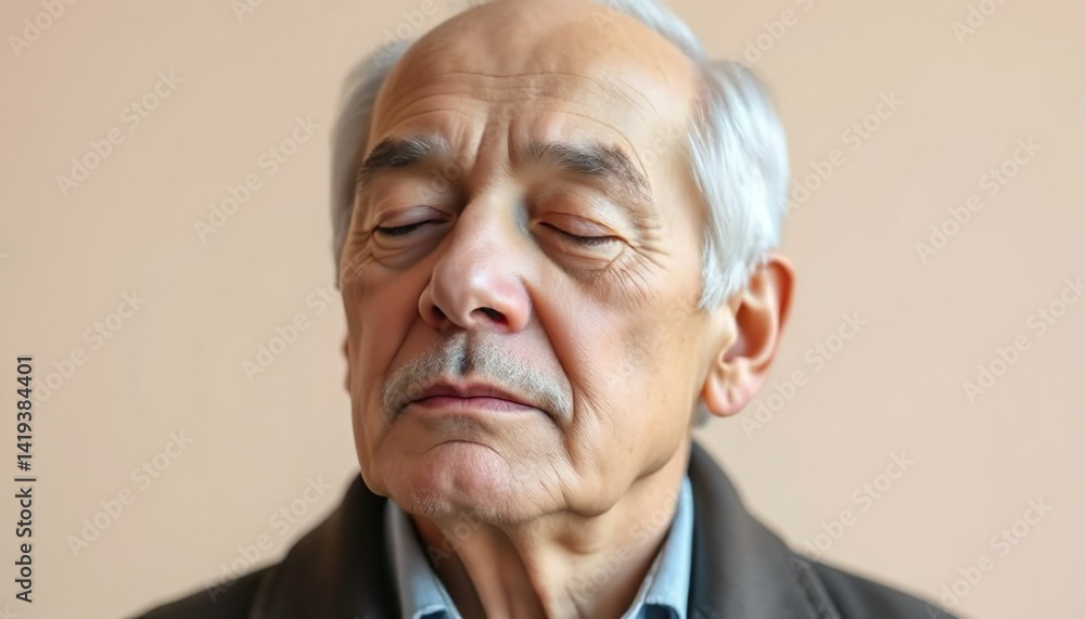 Obraz premium Elderly man reflecting in thought against a neutral background 
