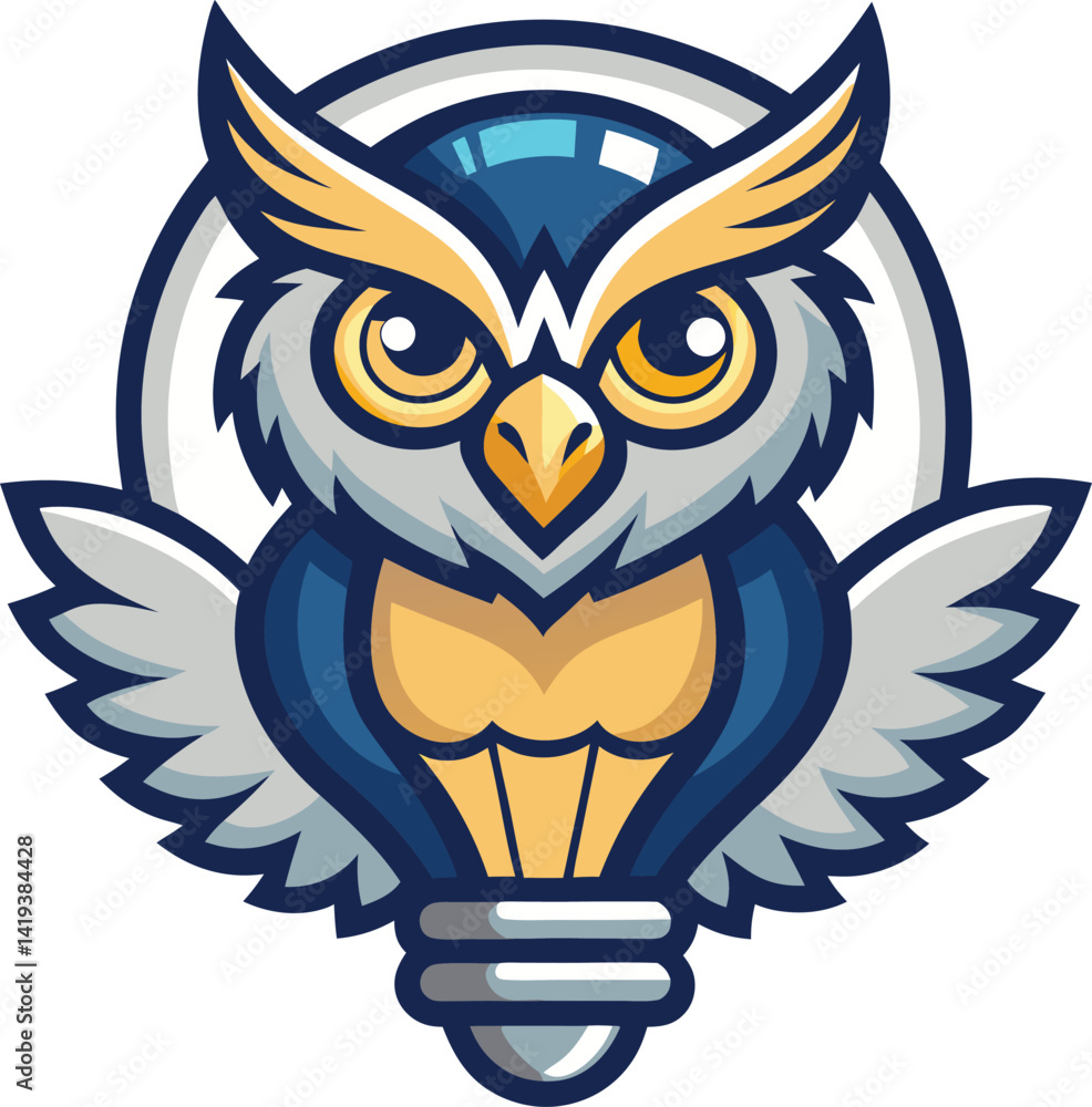 A high resolution mascot logo with crisp lines depicting a playful cartoon owl perched on a stylized lightbulb, radiating a sense of wisdom and bright ideas A high resolution mascot logo with crisp lines depicting a playful cartoon owl perched on a stylized lightbulb, radiating a sense of wisdom and bright ideas