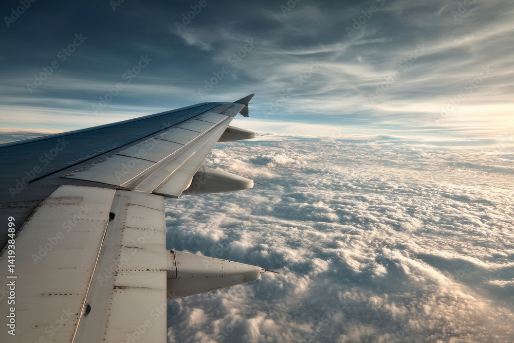 Obraz premium Airplane wing and clouds create breathtaking scene from above, inspiring sense of freedom and wonder as aircraft soars high
