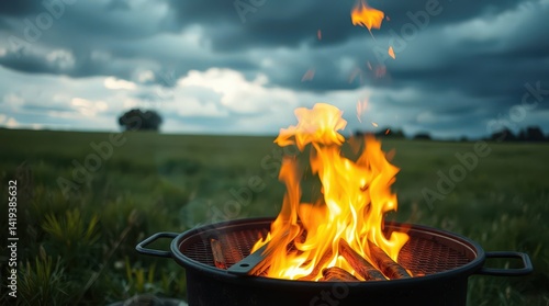 Campfire flames under moody, stormy sky.