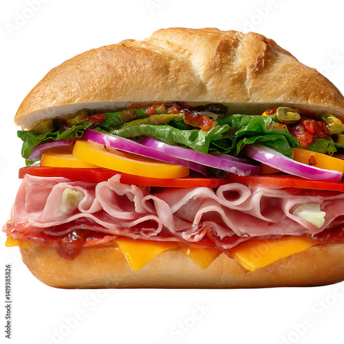 A close up view of a loaded sandwich with various ingredients