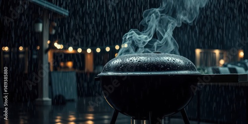 Barbecue grill steaming under rainfall at night.