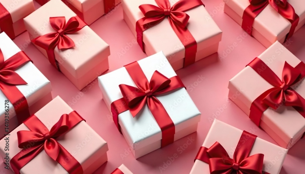 Elegant red ribbon tied gift boxes, repeating pattern, digital, holiday, stylish Elegant red ribbon tied gift boxes, repeating pattern, digital, holiday, stylish