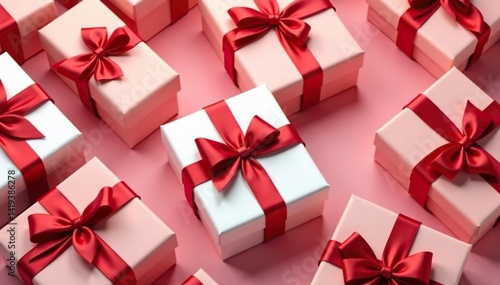 Elegant red ribbon tied gift boxes, repeating pattern, digital, holiday, stylish