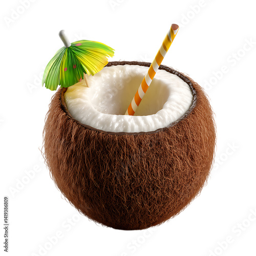 A coconut drink with a straw and umbrella on a black background