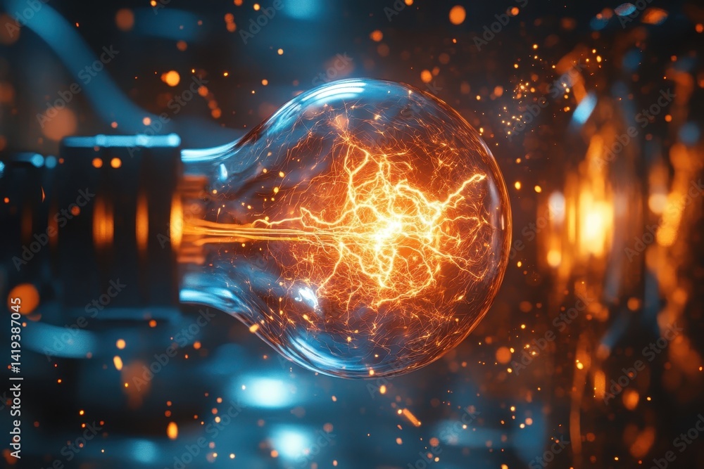 Electric spark ignites in an intricate light bulb, showcasing vibrant energy and innovation Electric spark ignites in an intricate light bulb, showcasing vibrant energy and innovation