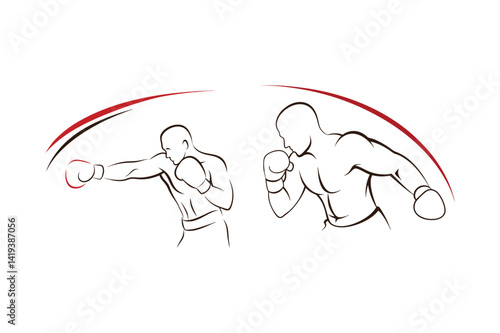 Minimalist boxer silhouettes striking and defending with red accent lines for dynamic design