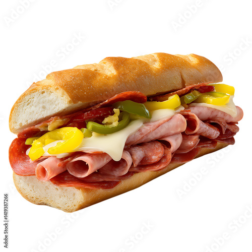 Close up of a fully loaded sub sandwich with meat and peppers