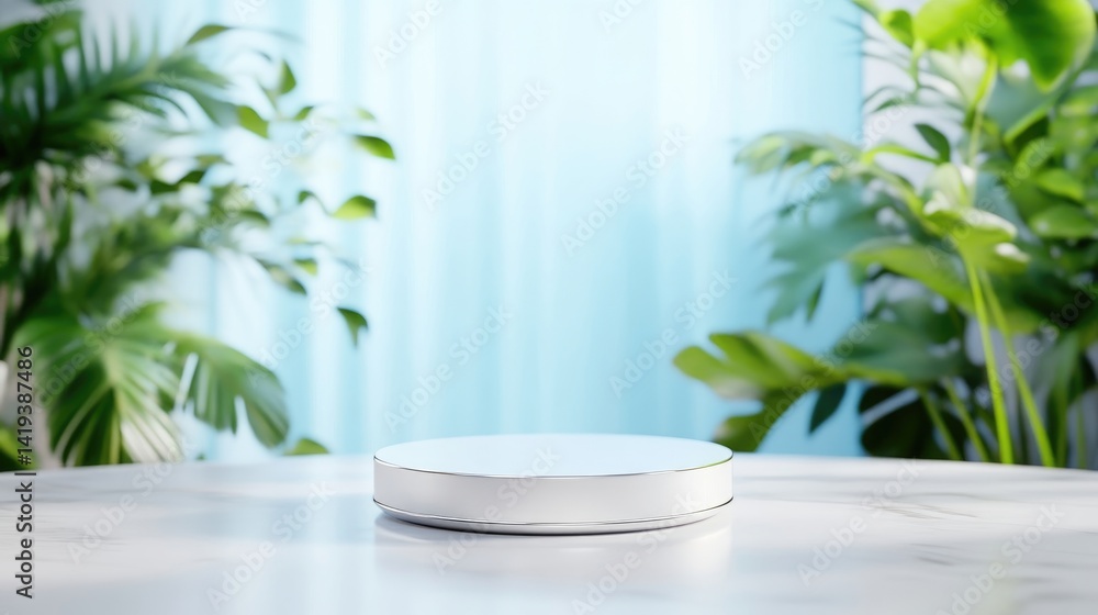 A sleek white circular device displayed on a marble surface, surrounded by lush green tropical plants, soft focus background, and minimalistic and modern composition. A sleek white circular device displayed on a marble surface, surrounded by lush green tropical plants, soft focus background, and minimalistic and modern composition.