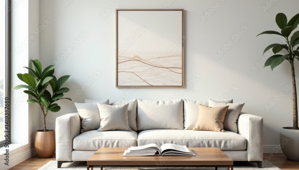 Fototapeta premium Elegant line art in a simple frame above a coffee table with books , reading, quiet, shelf