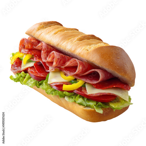 A close up of a long sandwich filled with meat and vegetables