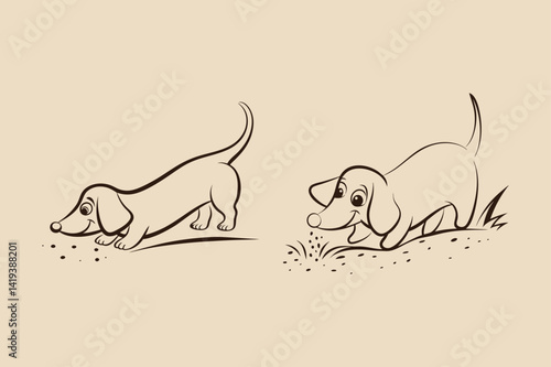 Cute cartoon dachshund dogs sniffing ground illustration