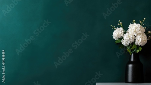 White hydrangeas in a dark vase against a teal backdrop