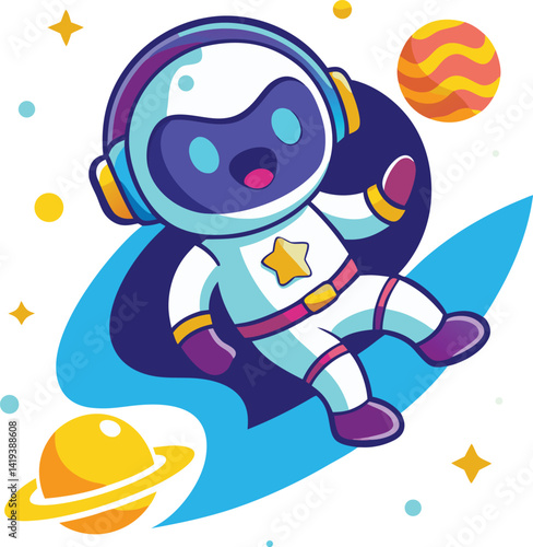  a mascot logo featuring a playful and curious cartoon Astronaut floating among stars, representing exploration and innovation for a space related initiative